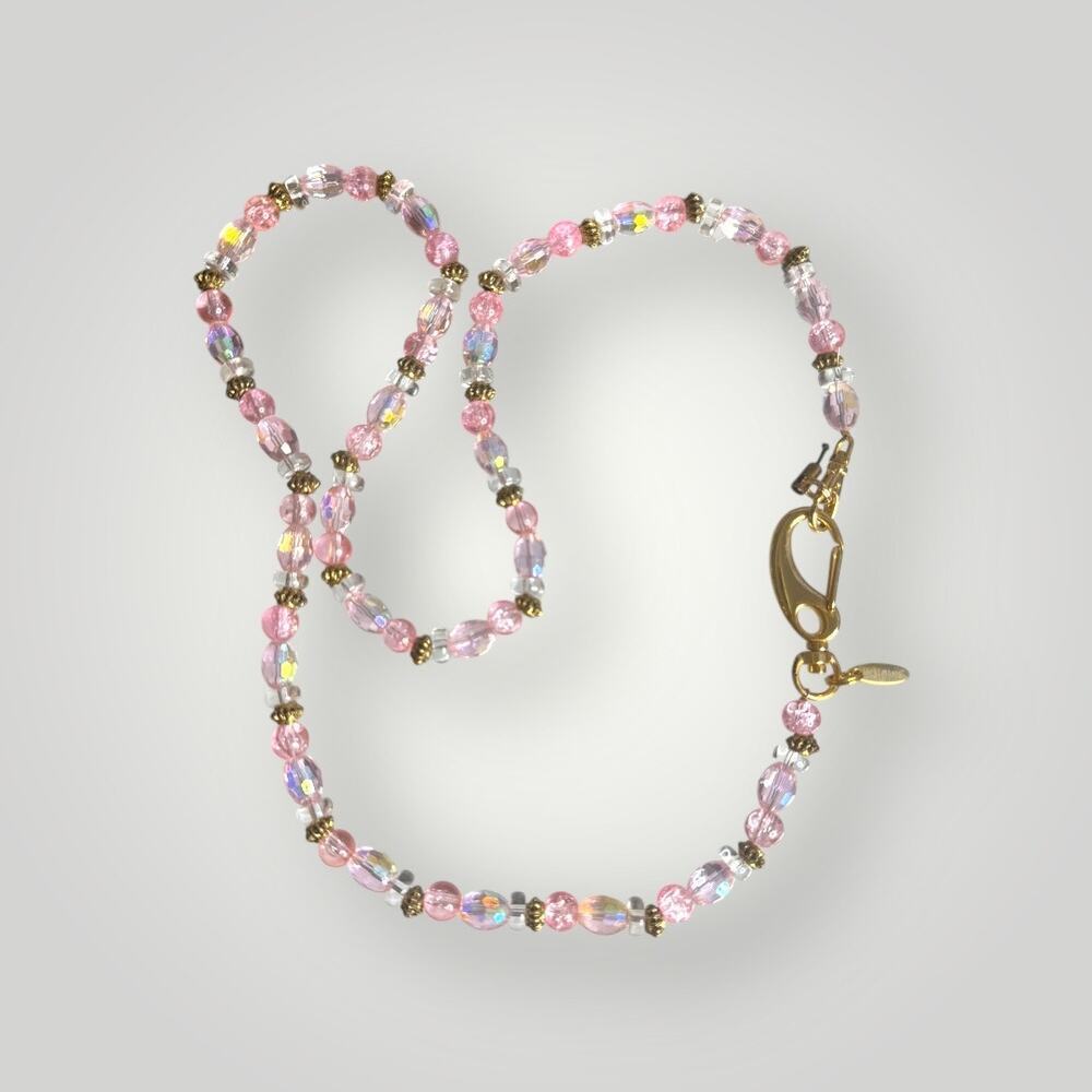 TechTethers Pink Beaded Necklace Glass Beads Gold Tone Lobster Clasp 28 inch